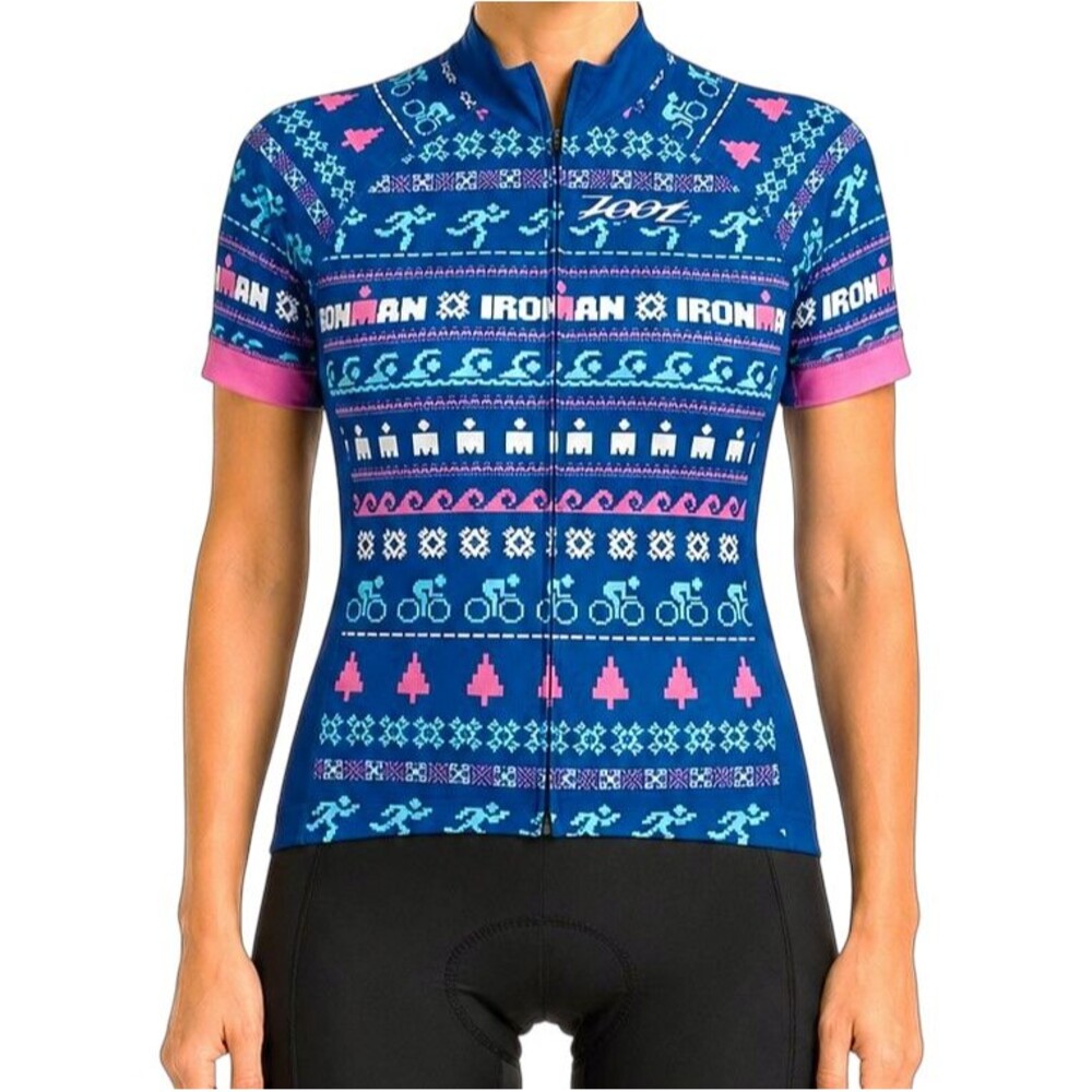 Zoot Ironman Cycling Jersey Womens Medium Holiday Short Sleeve Full Zip Web Mesh